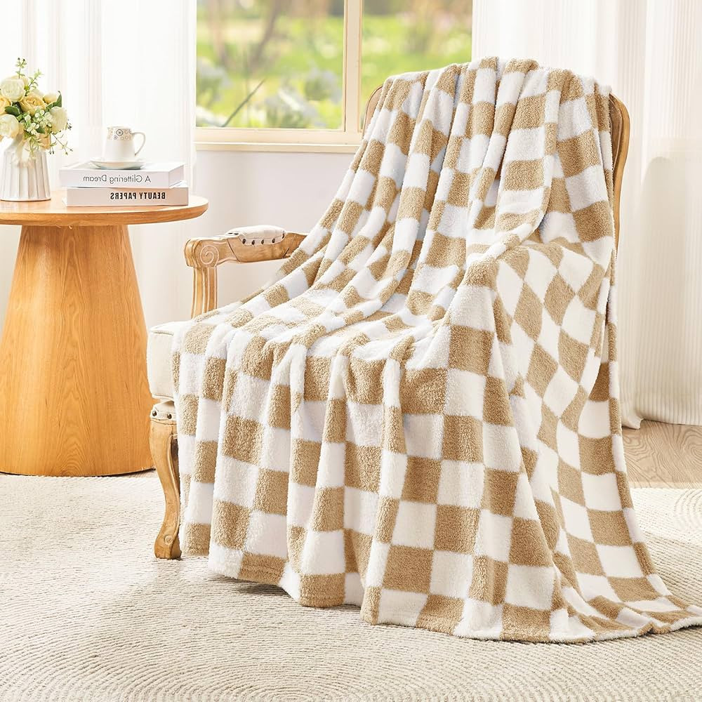 EMME Checkered Blanket Twin Size - 60"x80" Beige Knit Blanket Soft Fluffy Patterned Throw Blanket... | Amazon (US)