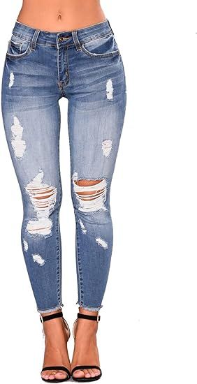 Women High Waist Skinny Stretch Ripped Jeans Destroyed Denim Pants | Amazon (US)