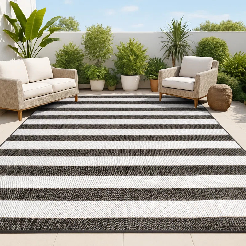 Haylia Two-Tone Wide Stripe Black/Cream Indoor/Outdoor Rug | Wayfair North America