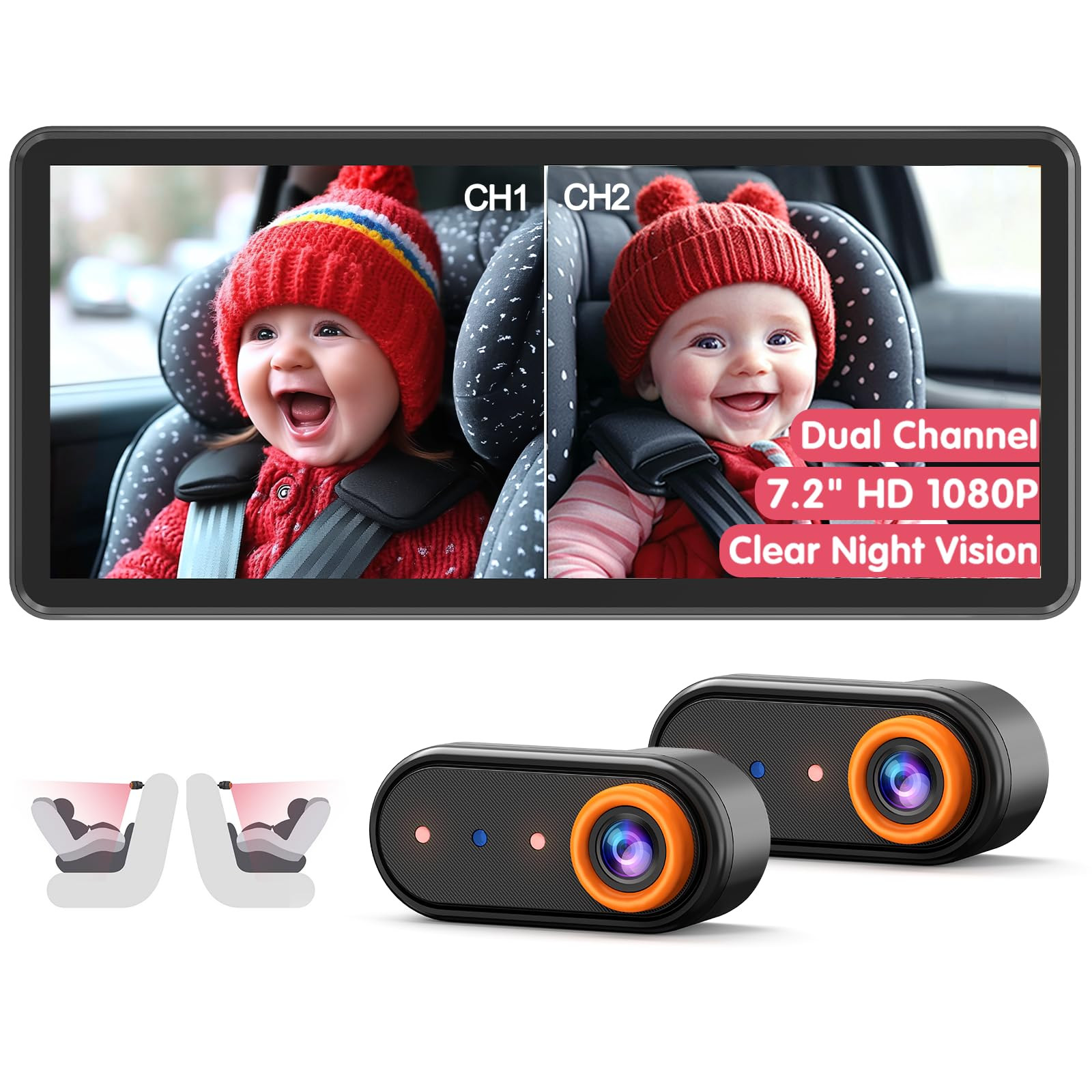 Baby Car Camera for 2 Kids, Dual Channel with 7.2&quot; 1080P Crystal Clear Display, Easily Install Ba... | Amazon (US)