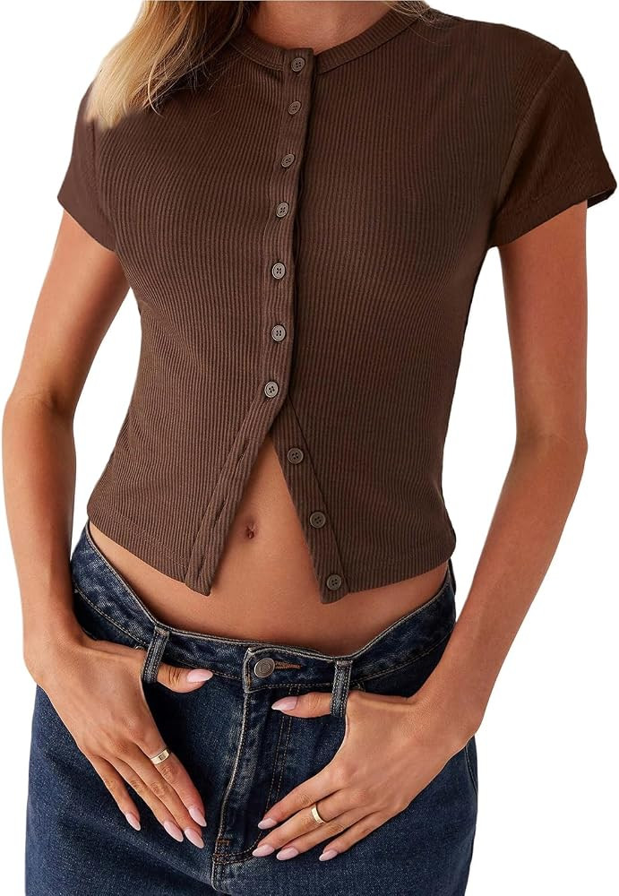 Women Tops Trendy Short Sleeve Shirt Ribbed Knit Button Up Slim Fit Tees Summer Tops Cardigan Y2K... | Amazon (US)