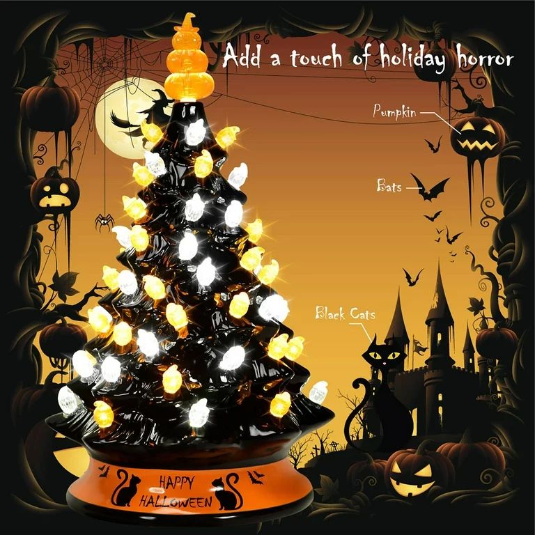 Costway 15'' Pre-Lit Ceramic Hand-Painted Tabletop Halloween Tree Battery Powered Black | Walmart (US)