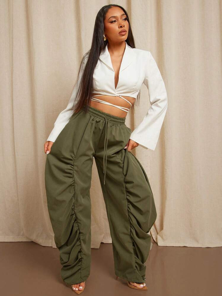 Vixey Ruched Wide Leg Drawstring Waist Woven Casual Office Pants, Business Casual Woman, Brunch O... | SHEIN