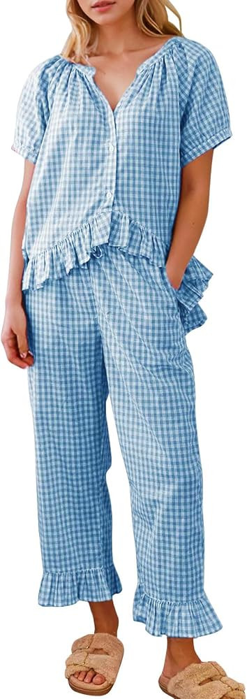 Womens 2 Piece Gingham Pajamas Set Cute Plaid Pjs Cotton Short Sleeve Babydoll Shirt Ruffle Pants... | Amazon (US)
