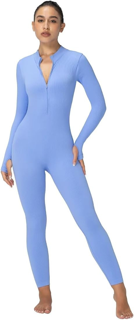 Sunzel Long Sleeve Jumpsuits for Women, Ribbed One Piece Casual Yoga Workout Zip Front Bodycon, L... | Amazon (US)