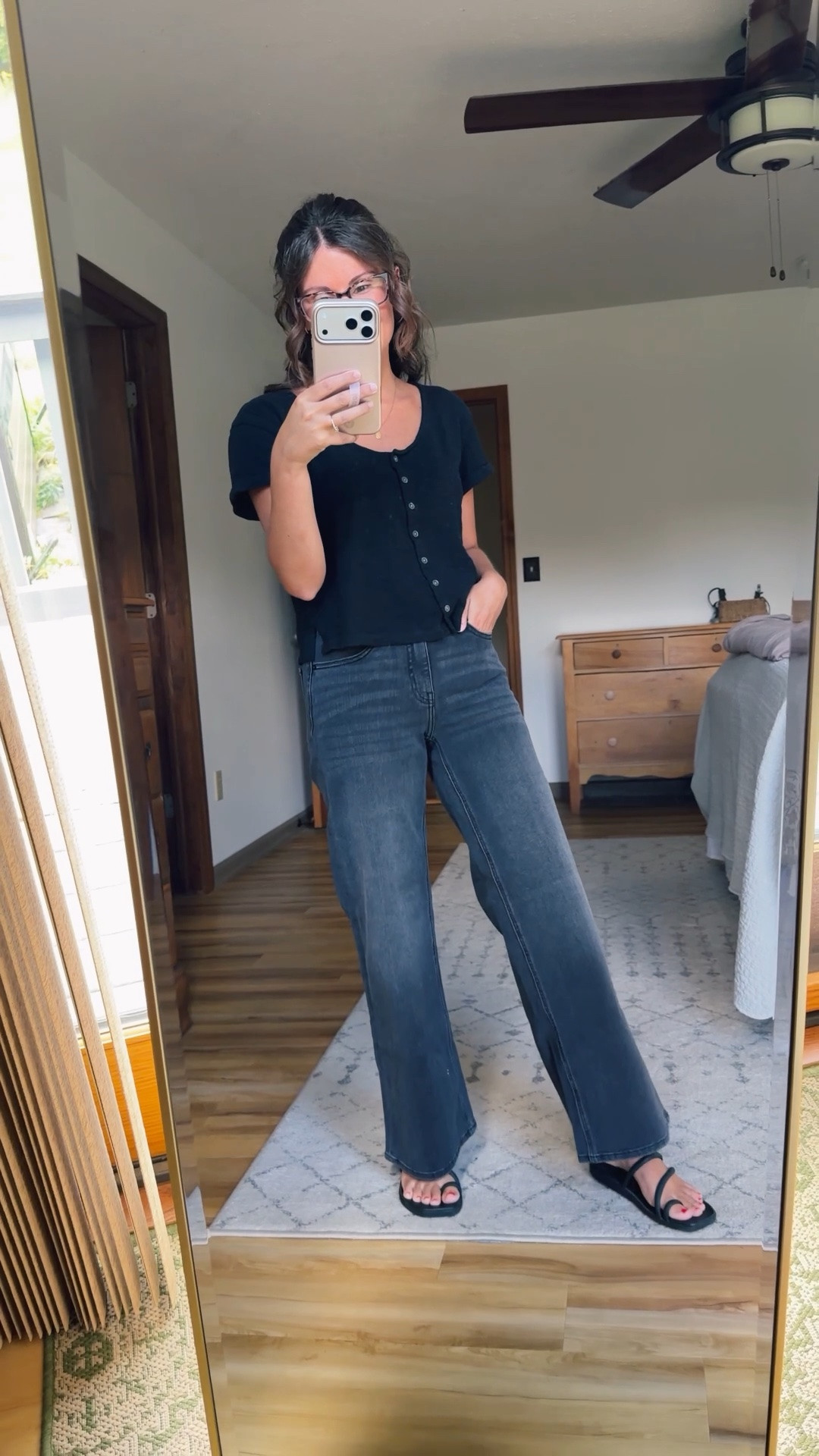 Loving these new wide leg jeans from @Quince 🙌🏽 I got the size 24 in the 28” (short) inseam in faded black.
I am 5’1” and around 100lbs! 
My tee is size xs and my sandals are size 6

#LTKPetite #LTKgrwm #LTKSeasonal