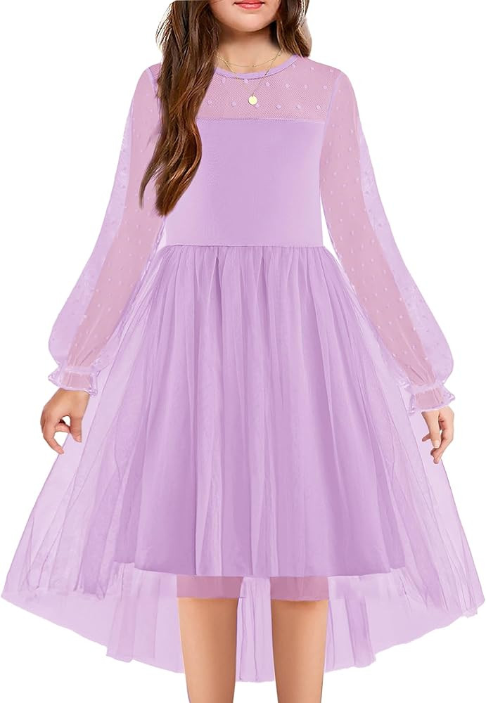Arshiner Girls Dresses Contrast Mesh Long Sleeve Twirly High Low Birthday Party Formal Dress | Amazon (US)