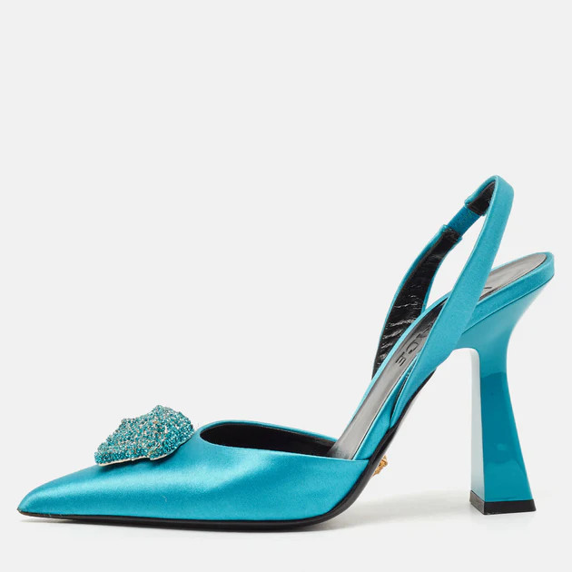 Versace Green Satin Crystal Embellished La Medusa Slingback Pumps | Shop Simon