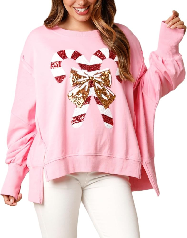 KMBANGI Women Cute Santa Sweatshirt Christmas Sparkly Sequin Print Shirt Crewneck Long Sleeve Pul... | Amazon (US)