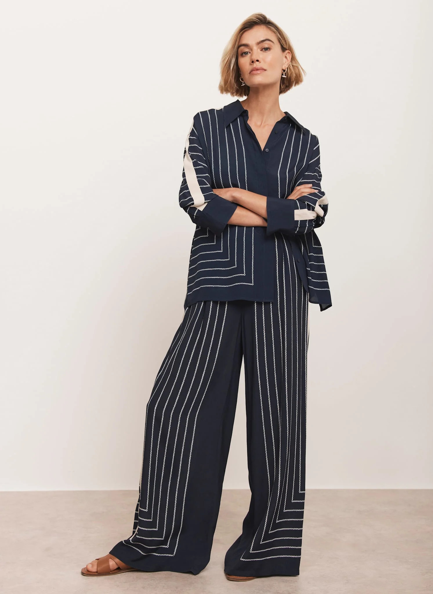 Navy Striped Wide Trousers | Mint Velvet