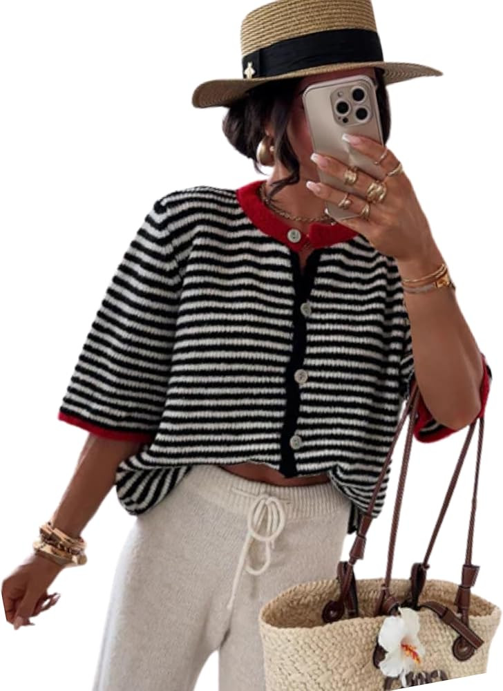 AMEBELLE Short Sleeve Cardigans for Women Lightweight Crewneck Casual Striped Womens Cardigan Swe... | Amazon (US)