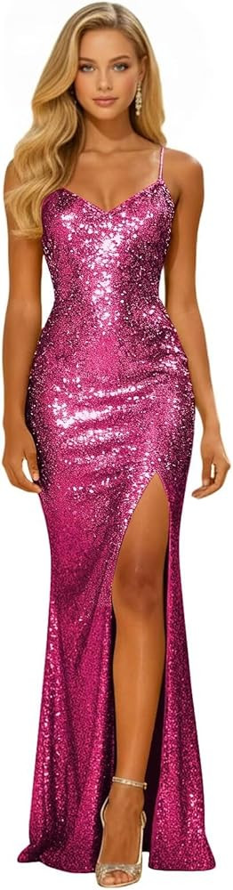 Amazon.com: Women's Sparkly Sequin Prom Dress Long Mermaid Evening Gown High Slit V-Neck Spaghetti Straps Formal Party Dress Fuchsia 4 : Clothing, Shoes & Jewelry | Amazon (US)