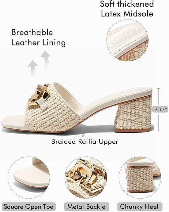 Coutgo Womens Raffia Slide Sandals Chunky Block Heeled Square Open Toe Metal Chain Slip on Mules ... | Amazon (US)