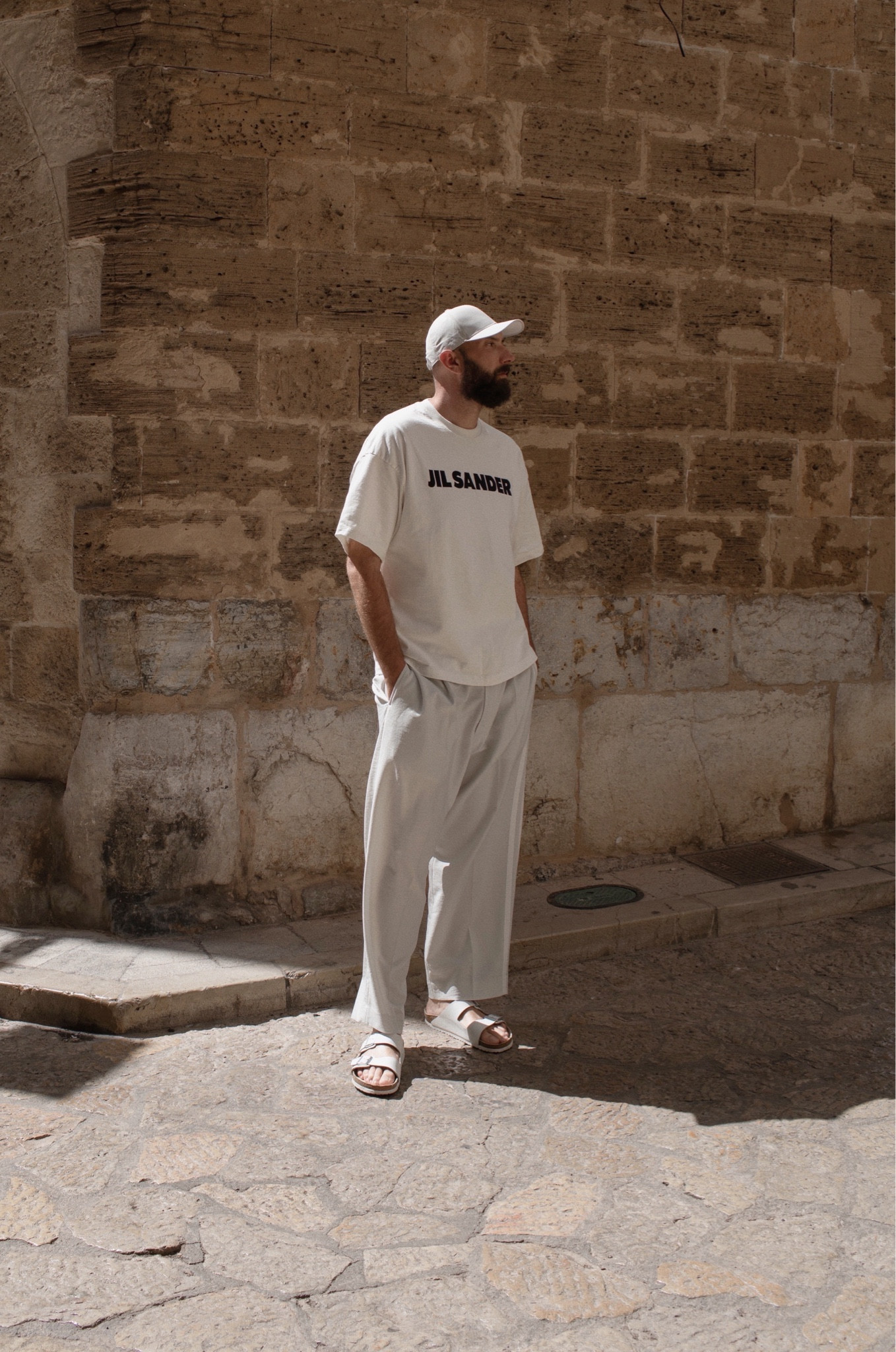 Beige outfit inspiration with Jill Sander T-Shirt. 

Outfit inspiration, summer style, men’s fashion, COS beige baseball cap, Jacquemus beige wide leg trousers, Farfetch, Mytheresa, Birkenstock, Netherlands. 

#LTKeurope #LTKmens #LTKfit