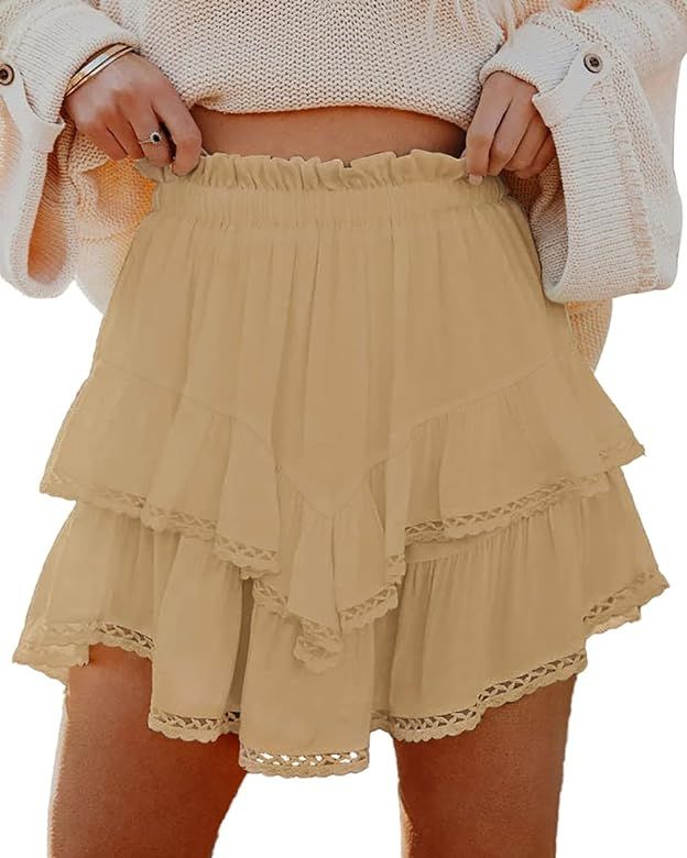 Galawaqe Womens Summer Casual Ruffle Skits Tiered Crochet Beach Boho Lady Mini Skater Skirt Trend... | Amazon (US)