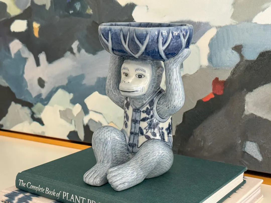 Vintage Hand-painted Monkey Pedestal Dish: Blue & White Chinoiserie Compote - Etsy | Etsy (US)