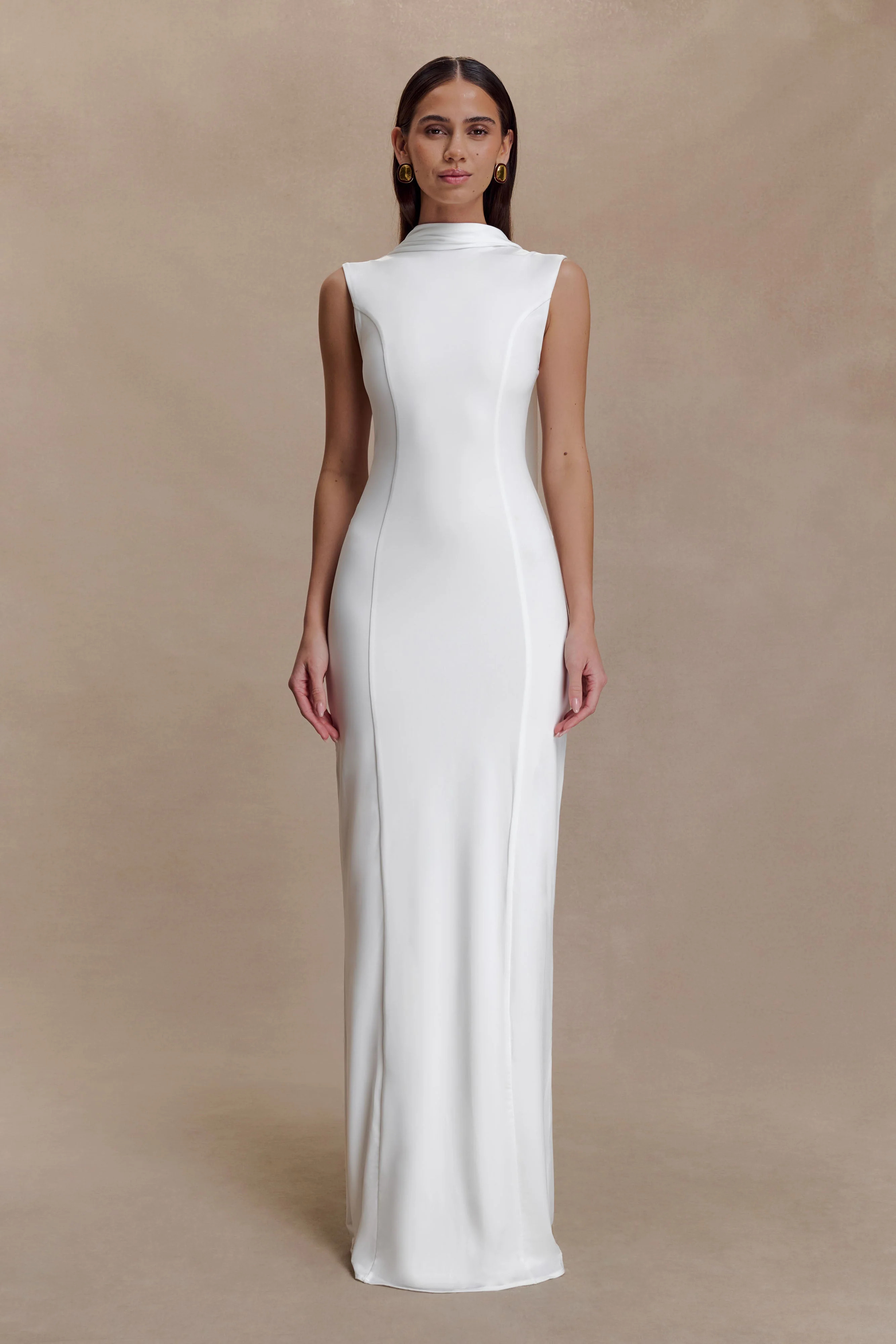 Slinky Maxi Dress With Scarf - White | MESHKI US