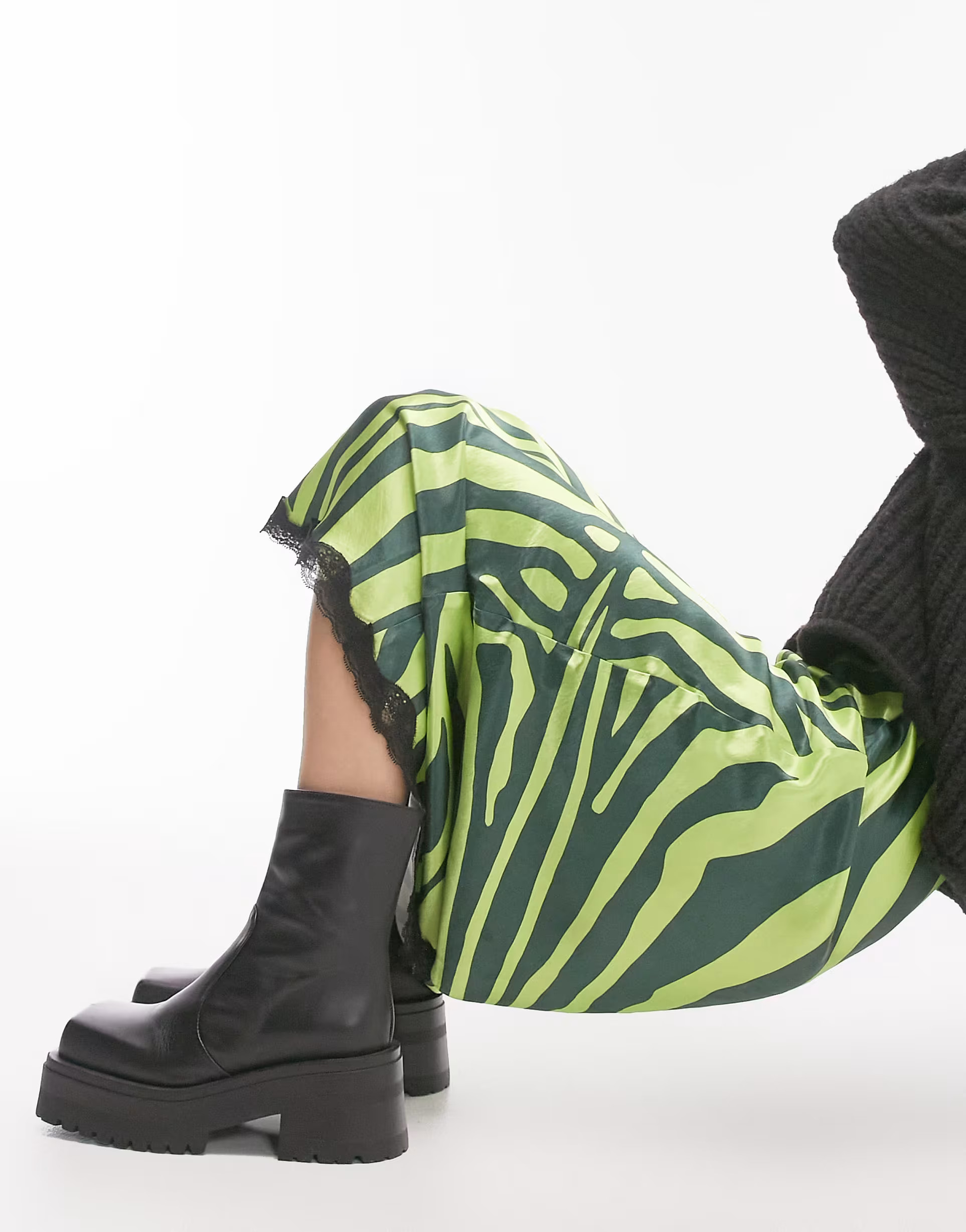 Topshop zebra print satin midi skirt in lime with black lace trim | ASOS (Global)