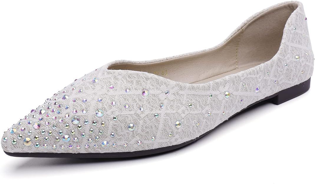 LiupanUp Women's Rhinestone Flats Shiny Wedding Shoes Pointy Comfortable Ballet Flats Bridal Dres... | Amazon (US)