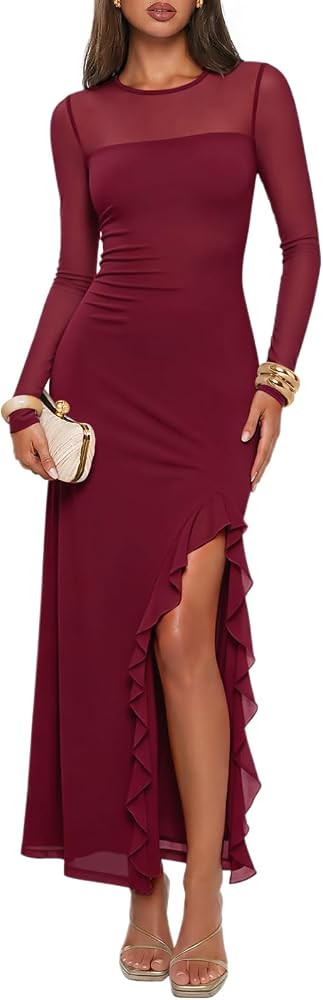 MEROKEETY Womens Fall Wedding Guest Cocktail Long Sleeve Formal Maxi Dress | Amazon (US)