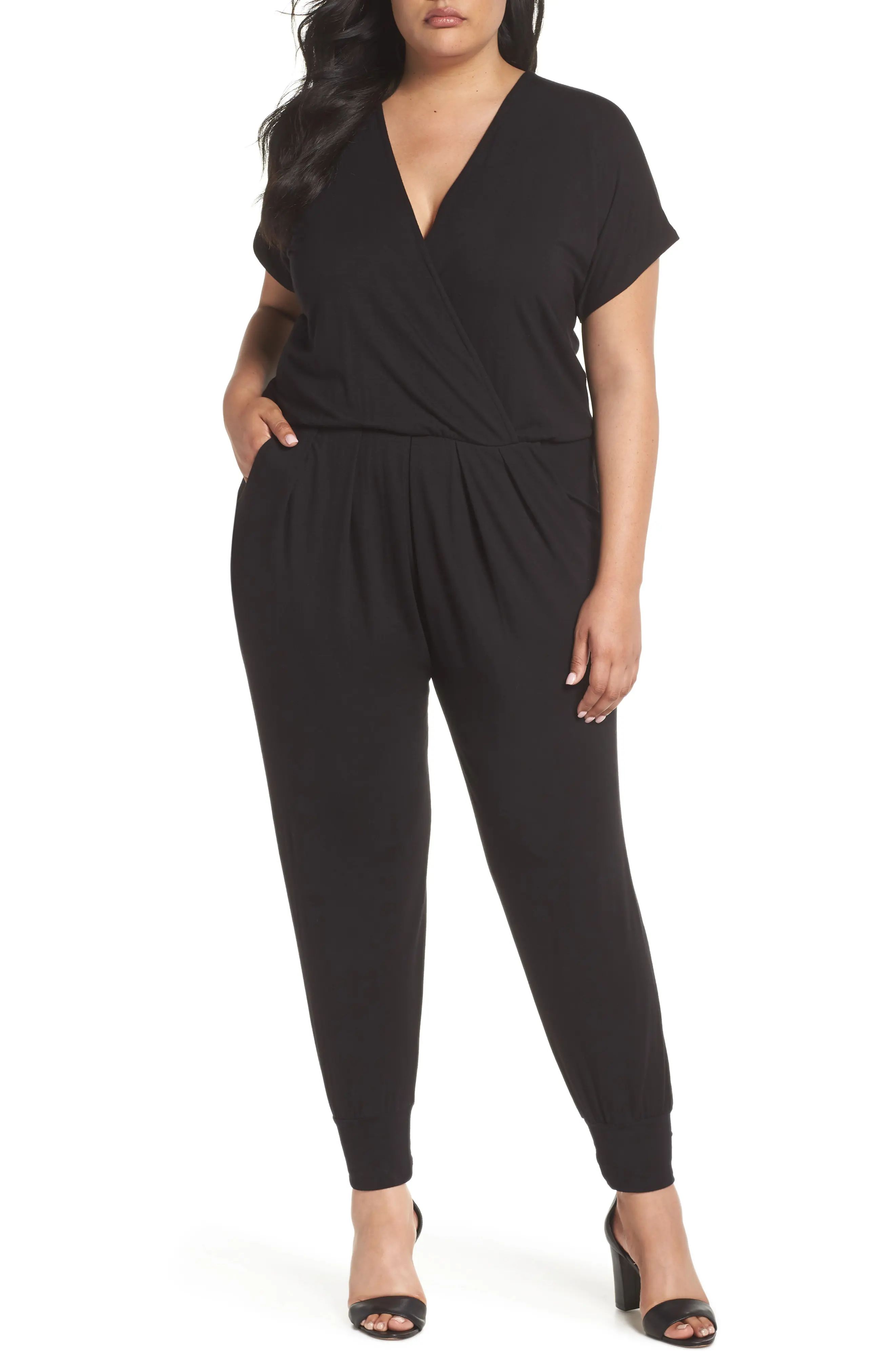 Plus Size Women's Loveappella Short Sleeve Wrap Top Jumpsuit, Size 3X - Black | Nordstrom