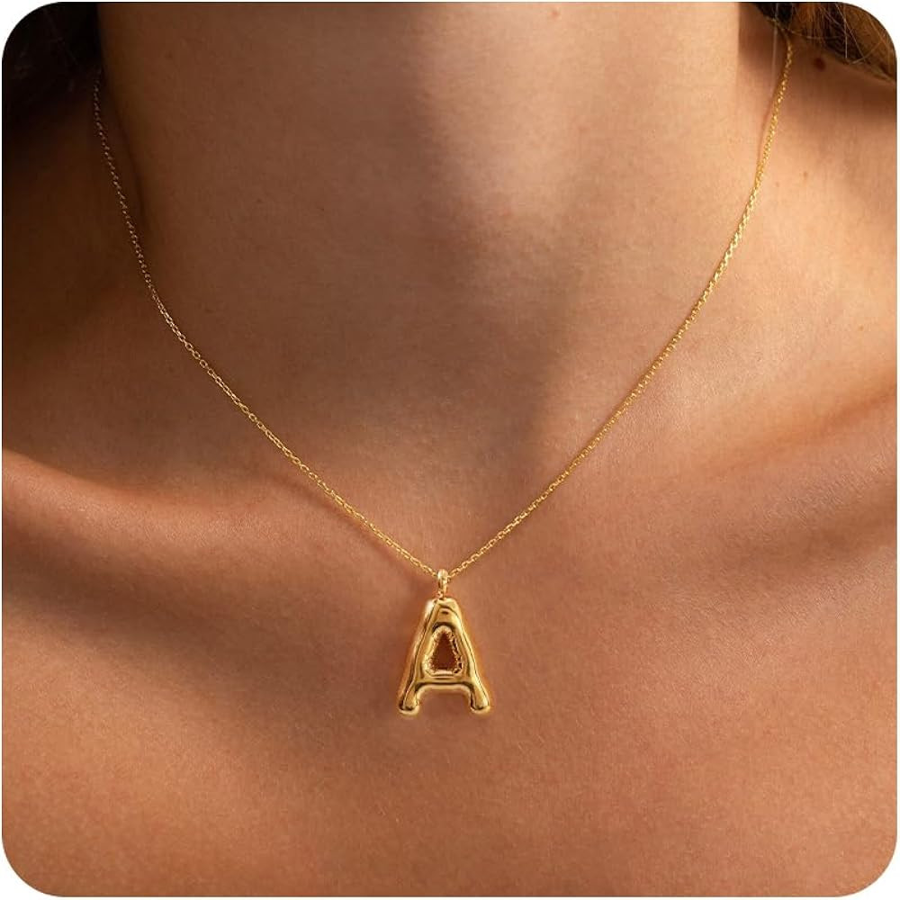 Gold Bubble Letter Necklace for Women- 18K Gold Filled Ballon Bubble Letter Necklace Gold Bubble ... | Amazon (US)