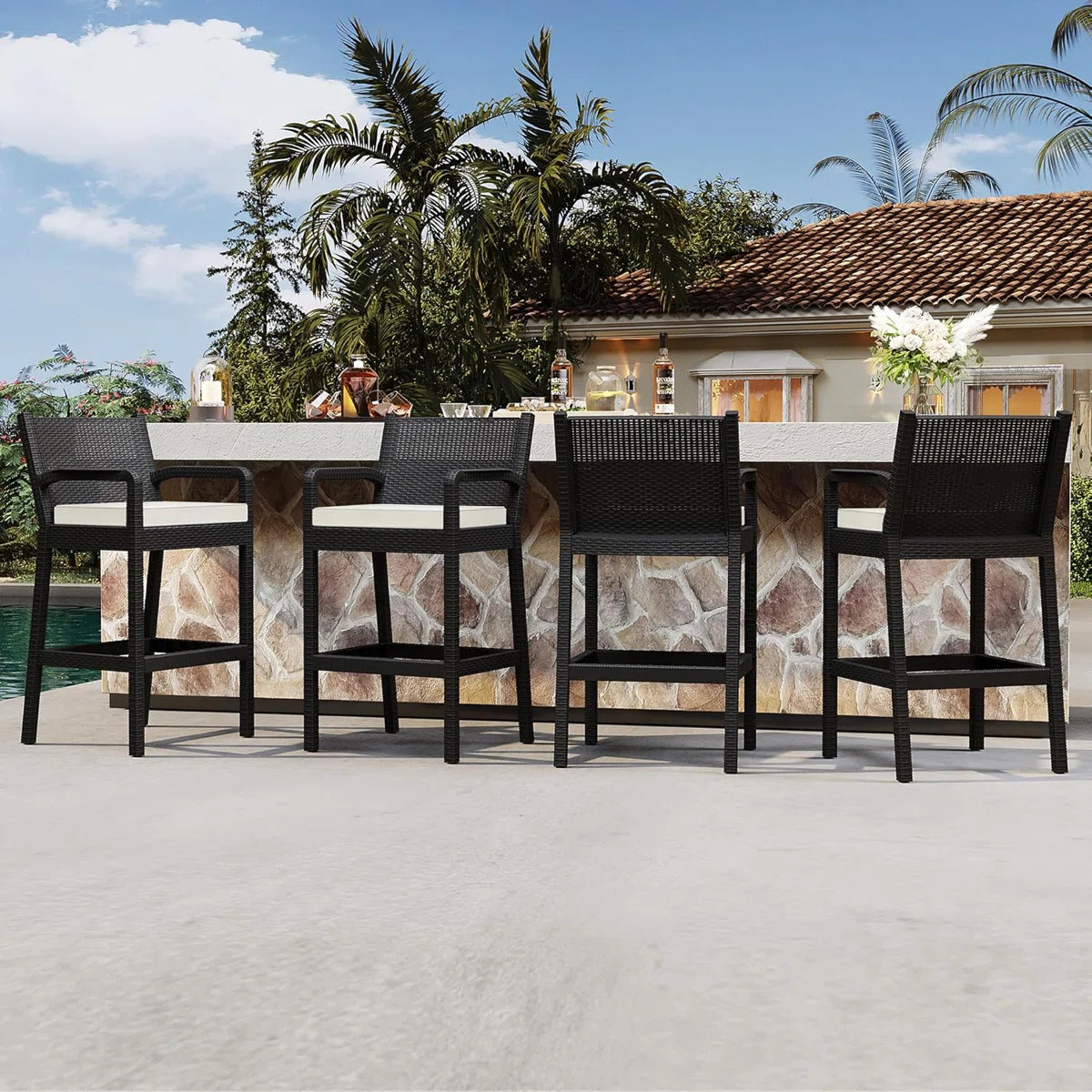 Set of 4 Outdoor Wicker Bar Stools, 30" Patio Bar Height Chairs with Cushions, All-Weather Rattan... | Wayfair North America