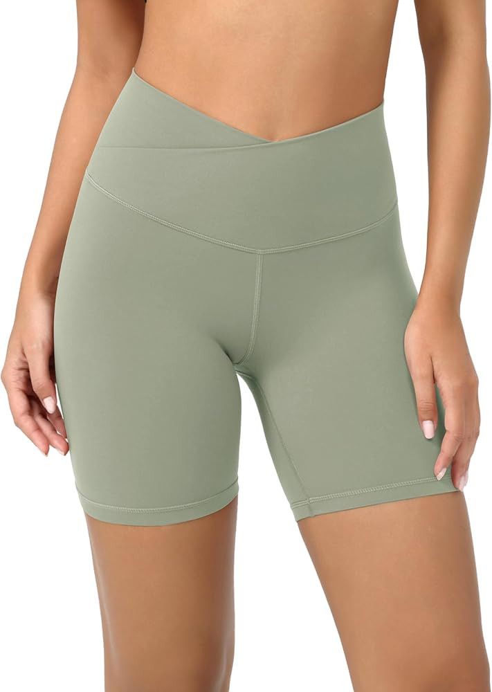 ODODOS Women's Crossover Yoga Shorts with Back Pocket, 6" / 8" V High Wasit Lounge Biker Shorts | Amazon (US)