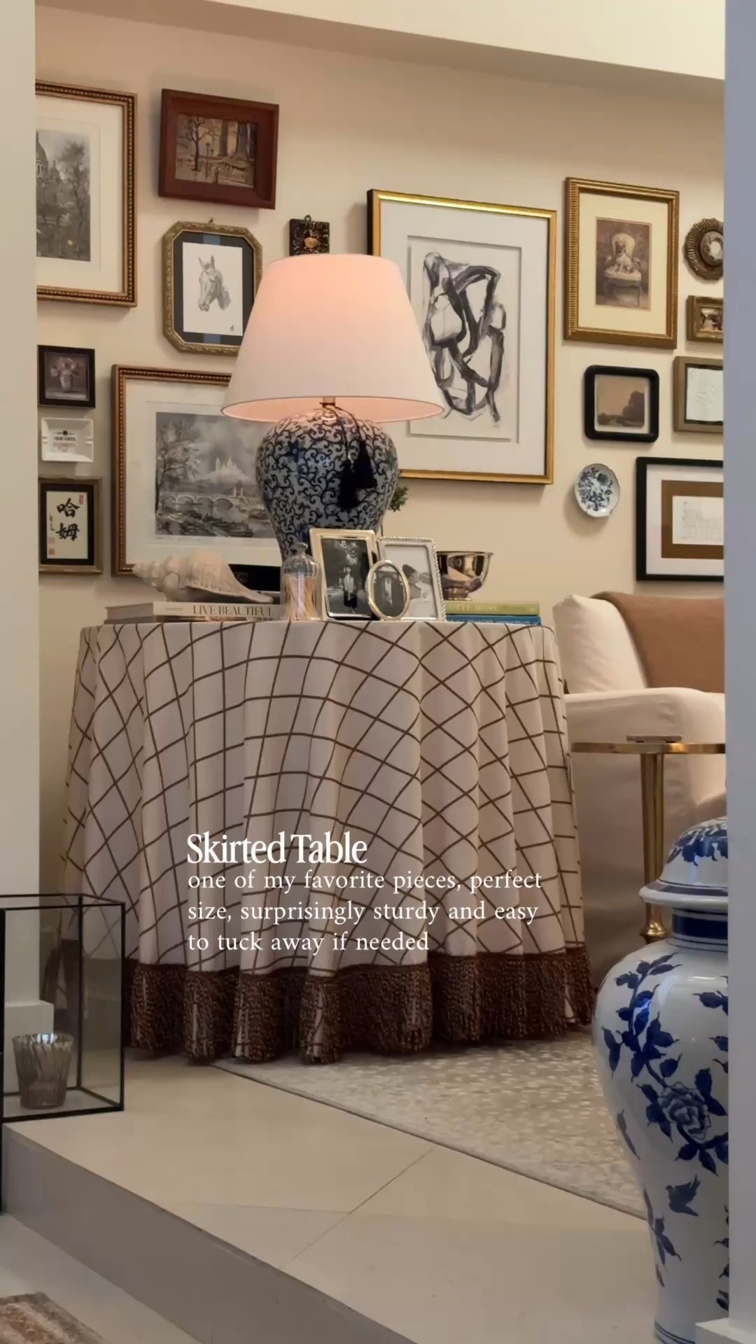 One of my favorite styling pieces. The perfect size, surprisingly sturdy, and the folding legs make it easy to tuck away if needed. 36” diameter, 30” height, you will need a 96” tablecloth. 

Classic Interior. Skirted Table. Tablecloth. Round Table. Living Room. Sitting Room. Entry Table. Reading nook.
LavenderRoseHome

#LTKHome