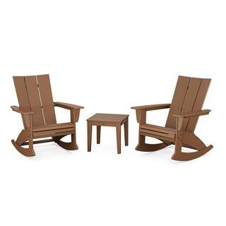 3-Piece Modern Curveback Adirondack Rocking Chair Teak HDPE Plastic Patio Conversation Set | The Home Depot