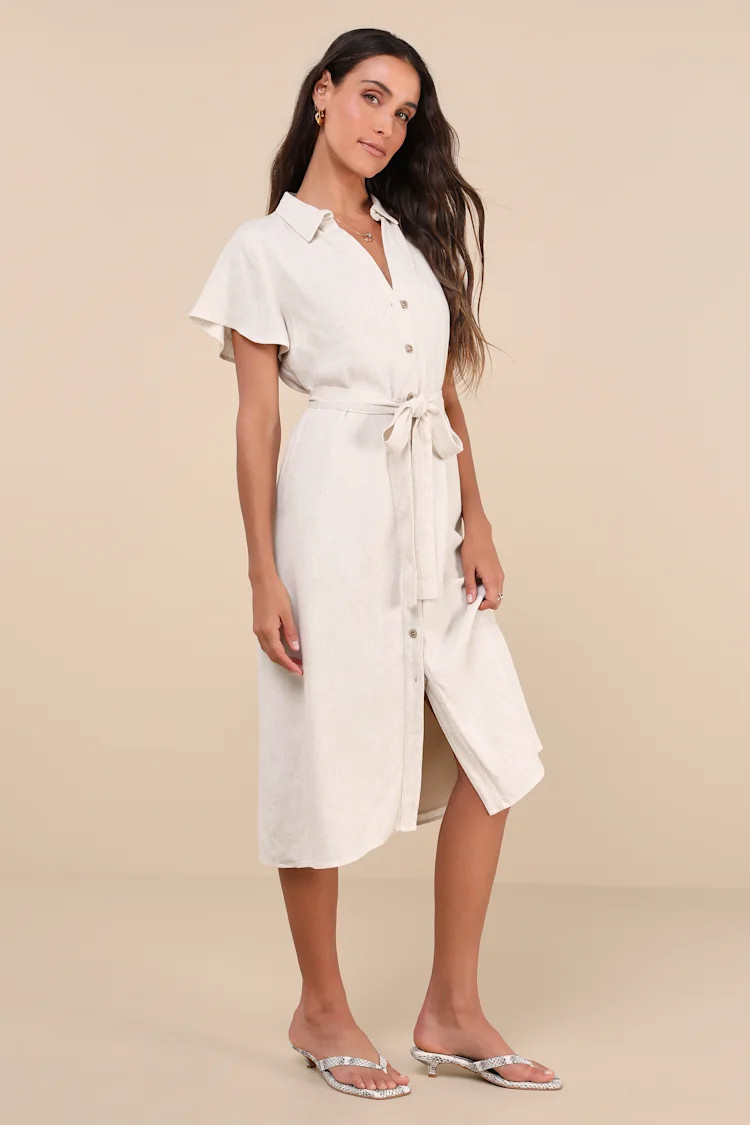 Italian Summer Beige Linen Midi Dress | Lulus
