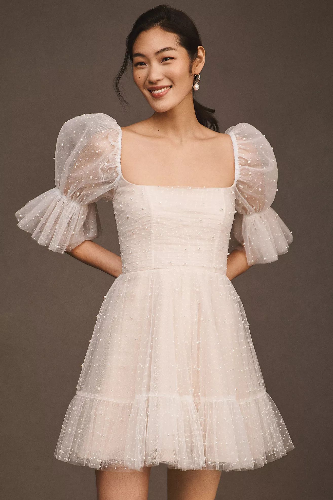 By Watters Macaron Square-Neck Tulle Embellished Mini Dress | Anthropologie (US)