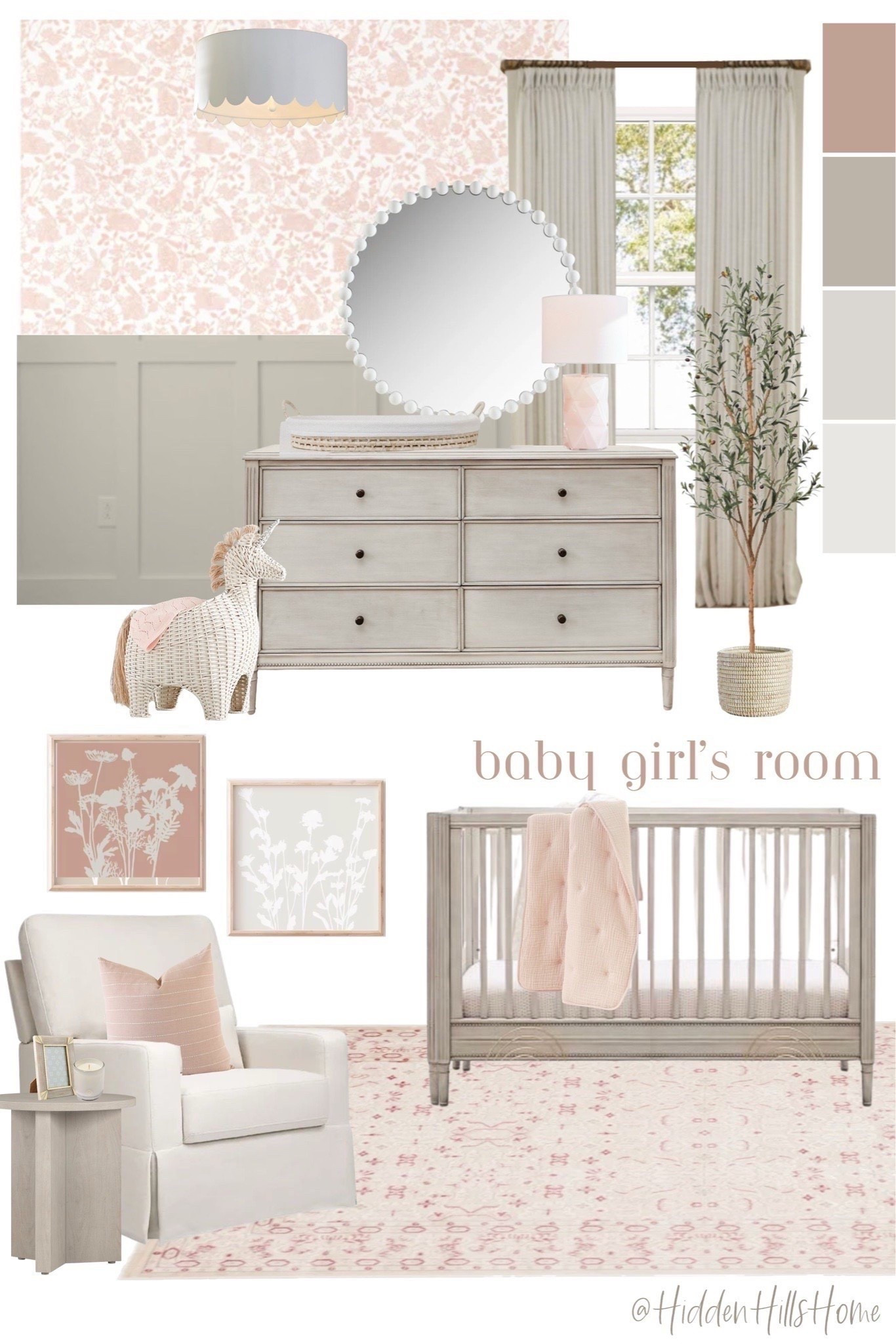 Baby girls nursery decor mood board! Cute ideas for a girls nursery, baby’s room decor inspiration, pink nursery wallpaper, nursery ideas, glider, crib #nursery