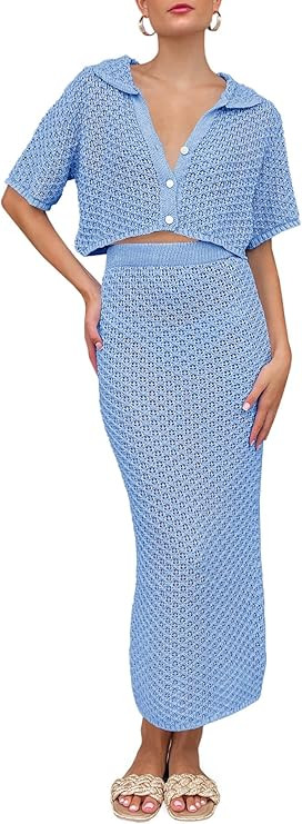 Saodimallsu Women Crochet Beach Cover Up Set Knit Crop Button Short Sleeve Collar Top Bodycon Lon... | Amazon (US)