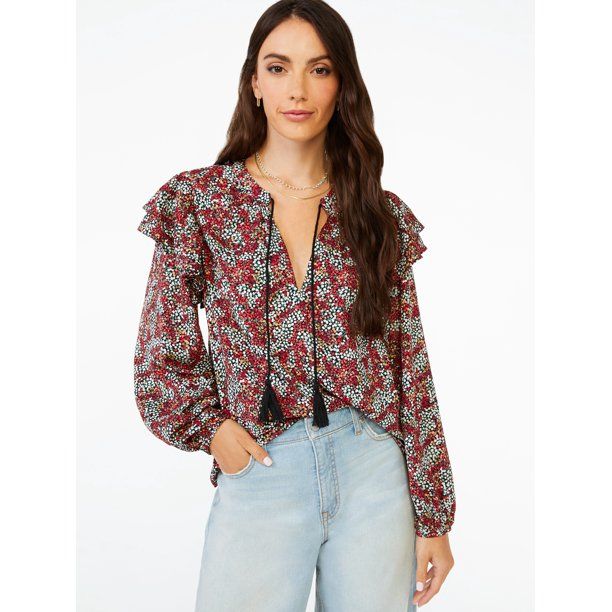 Scoop Women's Ruffle Print Peasant Top | Walmart (US)