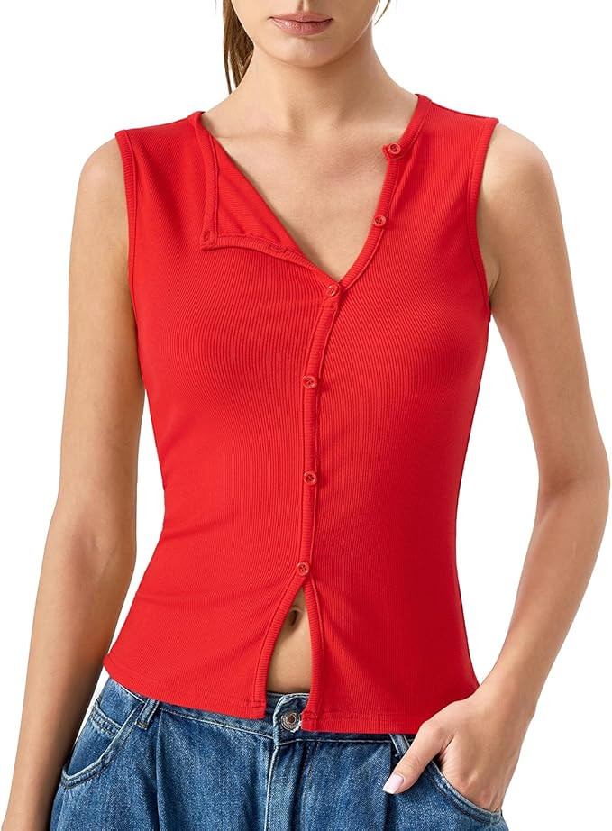 QINSEN Women's Sleeveless Ribbed Crewneck Tank Top Upper Button Fastening Shirts Going Out Tops | Amazon (US)