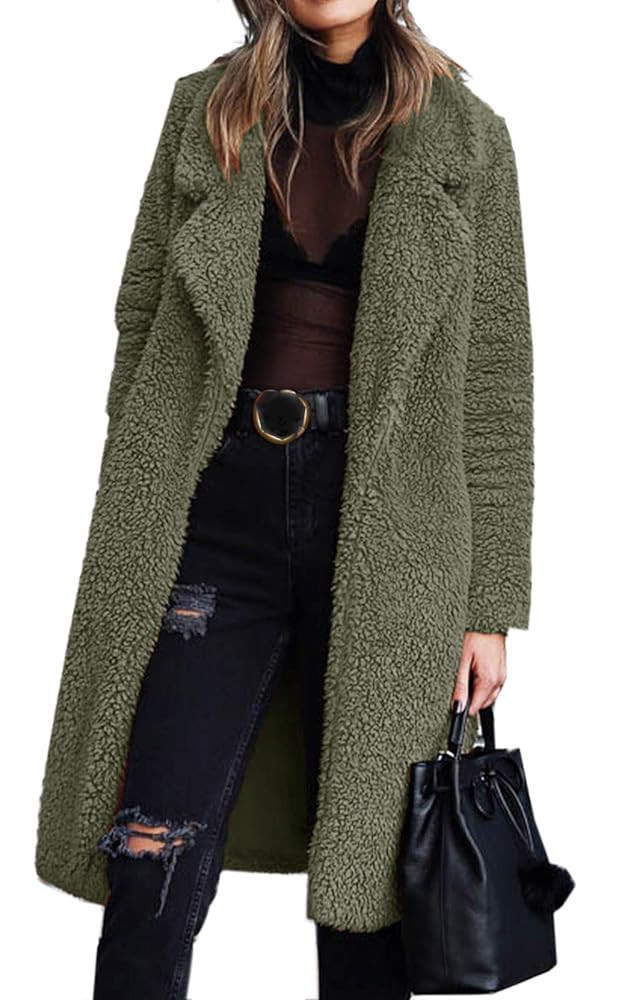 Angashion Women's Fuzzy Fleece Lapel Open Front Long Cardigan Coat Faux Fur Warm Winter Outwear J... | Amazon (US)