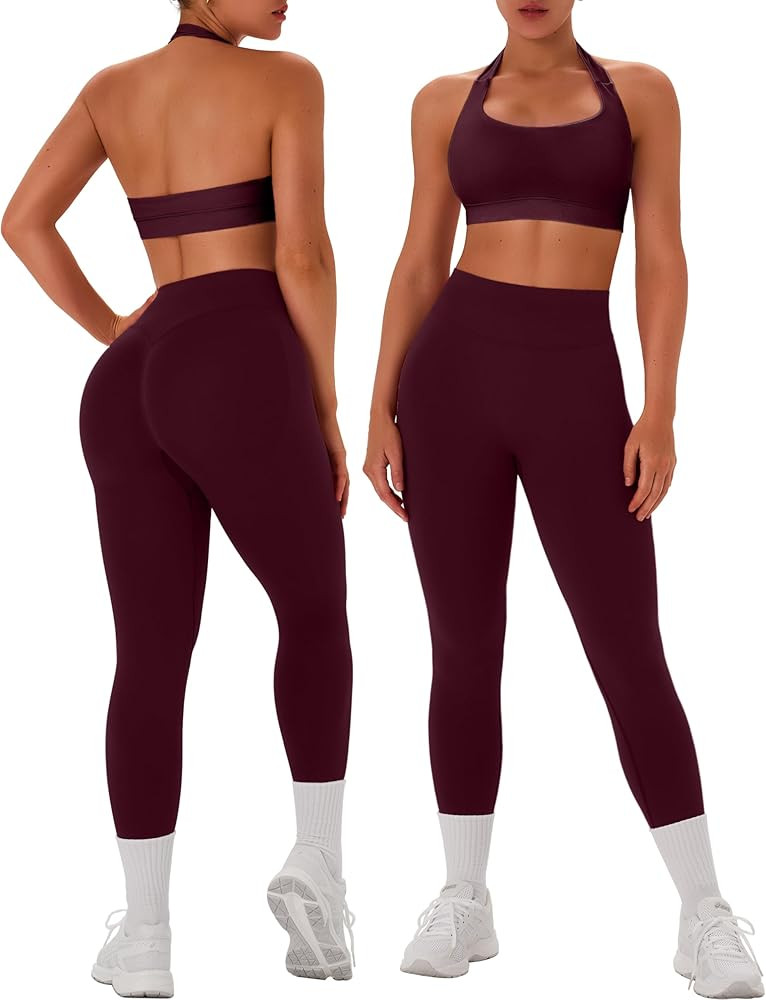 TDIFFUN Women Workout Sets 2 Piece Seamless Scrunch Butt Leggings Padded Halter Sports Bra Matchi... | Amazon (US)