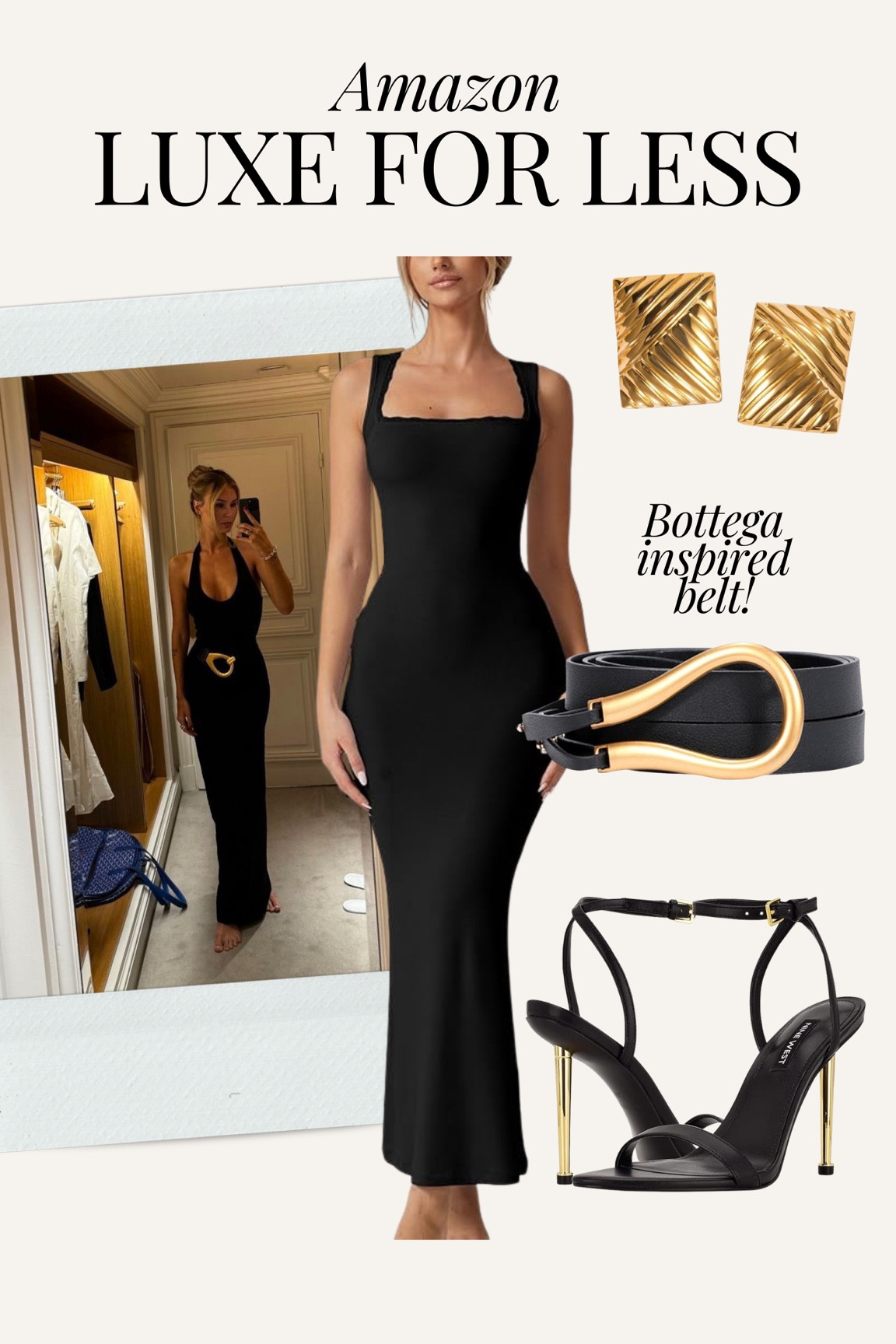 Amazon Pinterest inspired look for less! Bottega inspired belt, black maxi dress, gold and black heels, date night, date night outfit, ootn, black dress, maxi dress, Amazon accessories 

#LTKFindsUnder100 #LTKStyleTip