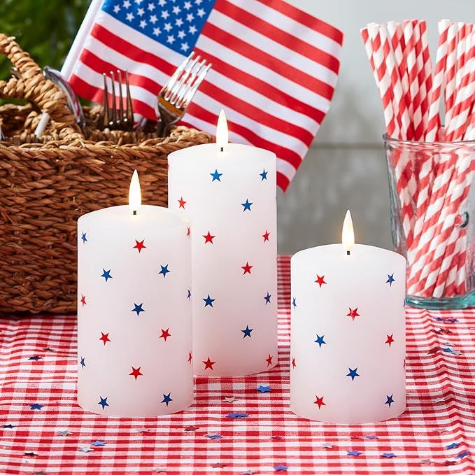 Lights4fun, Inc. Set of 3 TruGlow Patriotic Red, White & Blue Star Wax Flameless LED Battery Oper... | Amazon (US)