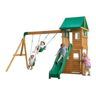 Fall River Nordic Spruce Outdoor Swing Set Playset with Wave Slide, Clubhouse, Playhouse, and Snack Bar Window | The Home Depot