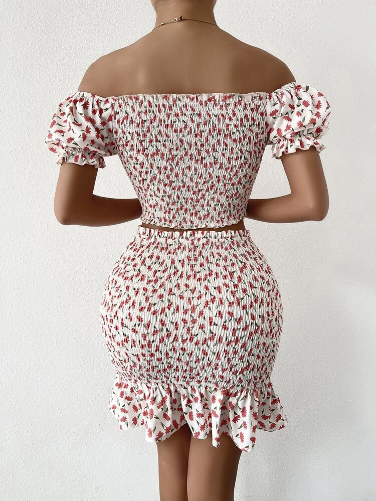 Allover Floral Print Drawstring Ruched Shirred Bodice Crop Top & Skirt Set | SHEIN