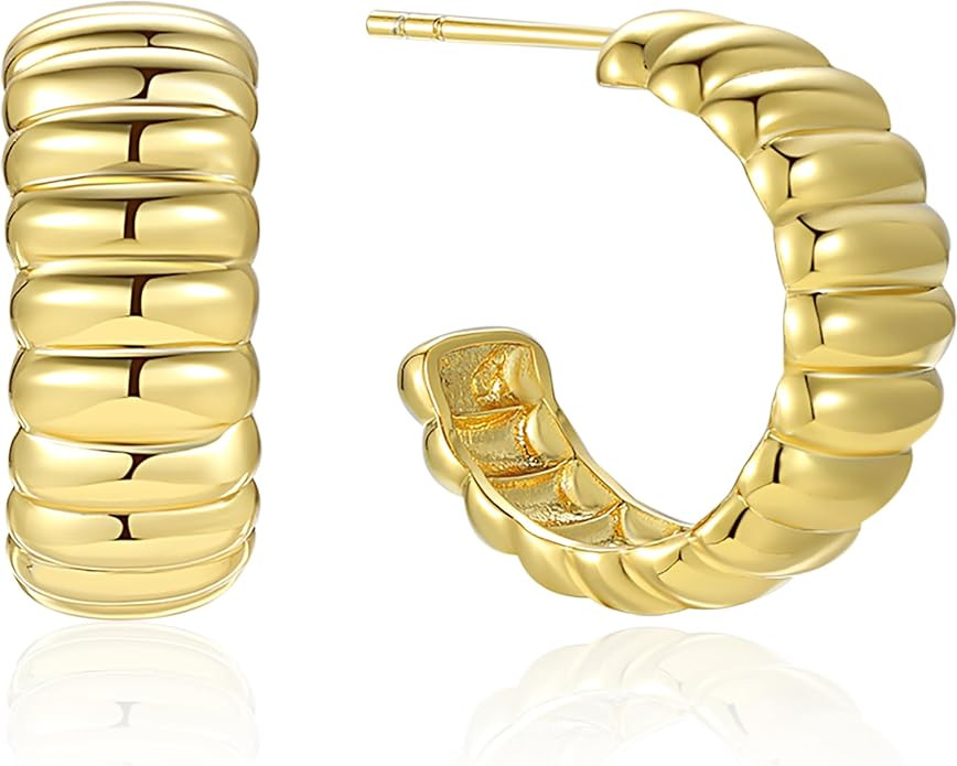 Dome Ribbed Earrings | 14K Gold Sterling Silver Ribbed C-Hoop Earrings | Women's Gold Bold Croiss... | Amazon (US)