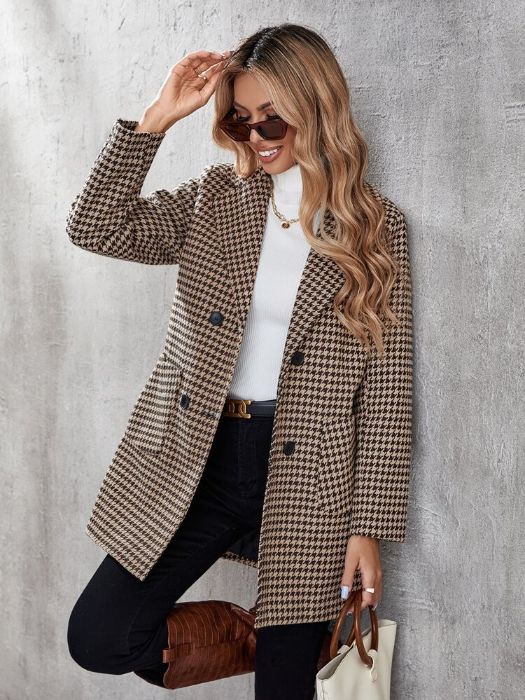Houndstooth Dual Pocket Double Breasted Overcoat | SHEIN