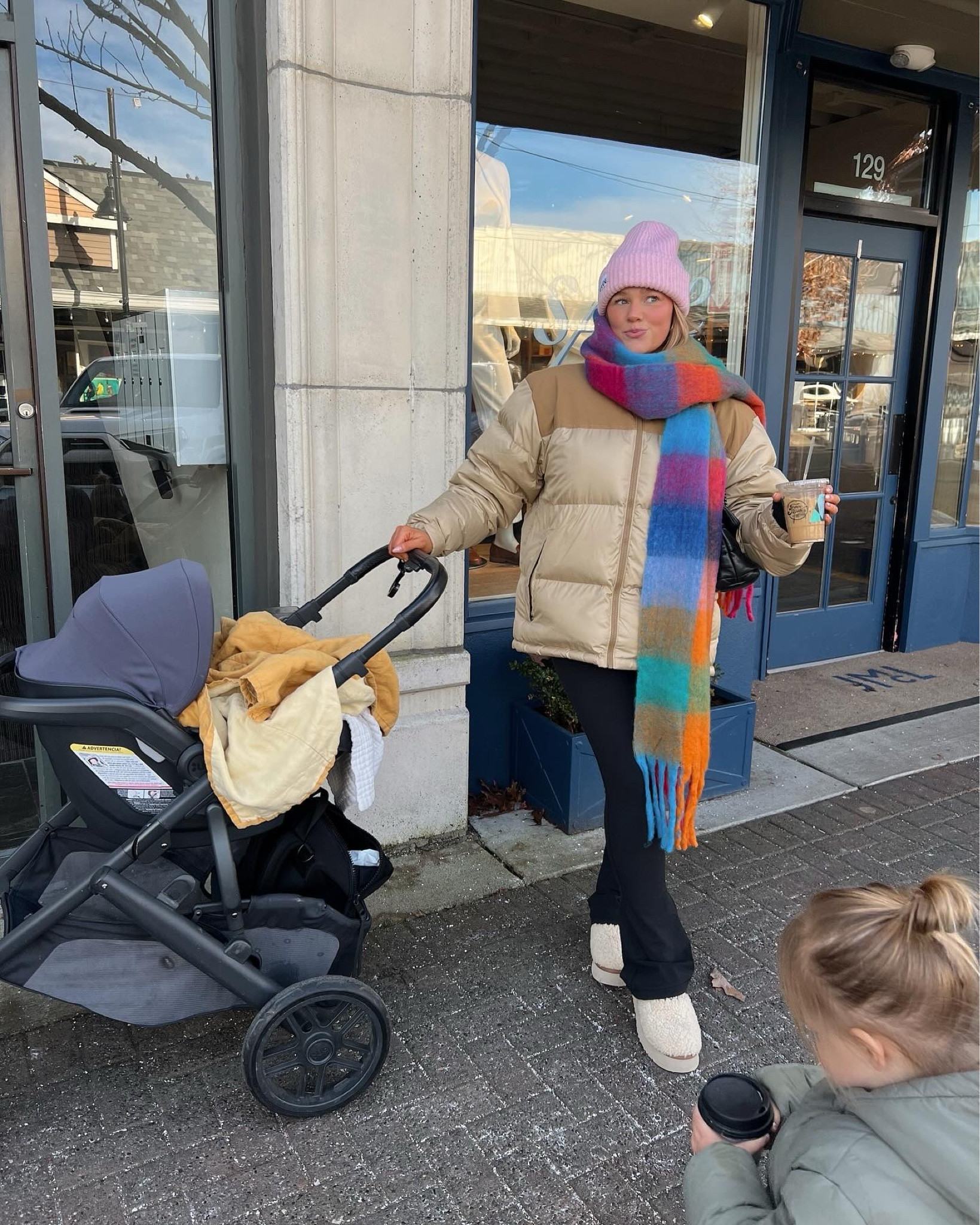 Wearing a Matt’s XL puffer from a few years ago linked similar! Love this scarf and all the fun colors. Ganni beanie is $$ but super thick and warm color is lilac! Obsessed with the align mini flare leggings they’re so cute and subtle!! 

