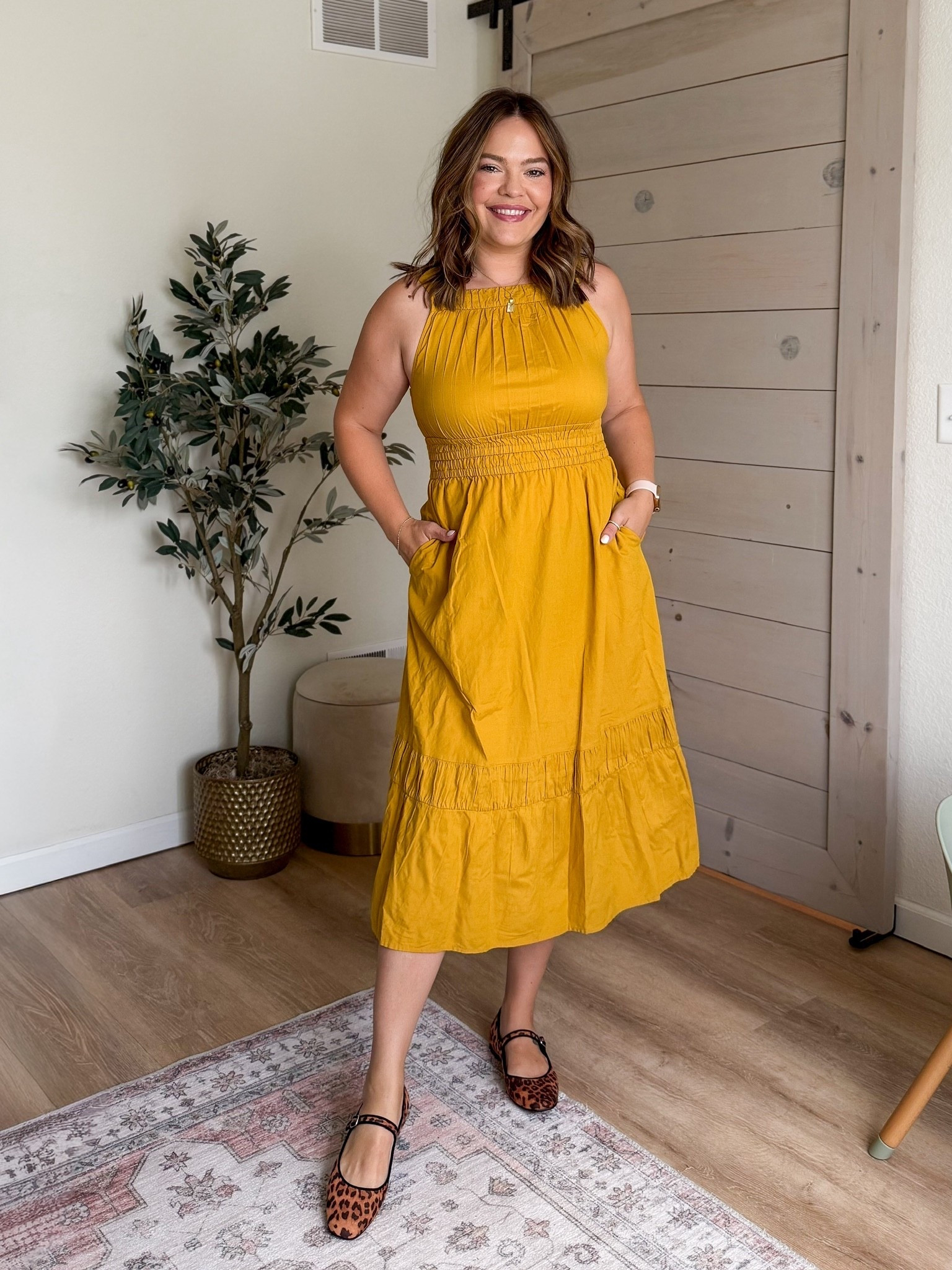 Love this summer to fall transition mustard yellow sleeveless midi dress in true size medium (8-10) paired with leopard ballet flats // midi dress / fall fashion / Mary Jane shoes / midsize mom style 

#LTKFindsUnder50 #LTKStyleTip #LTKMidsize