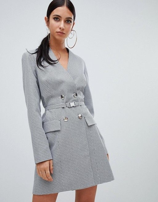 Missguided double breasted blazer dress in gray check | ASOS US