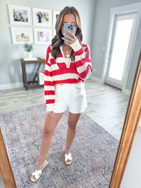 New summer arrivals at Target! Summer little. Resort wear. Open stitch striped sweater in XS - needs a tank or something under it.  Vacation outfits. Linen blend shorts in XS. Spring outfits. Target slide sandals are TTS. 

#LTKshoecrush #LTKtravel #LTKfindsunder50