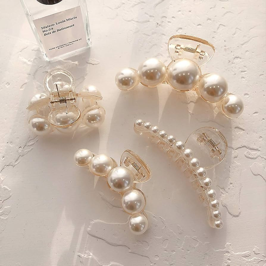 Agirlvct Pearl Hair Clips,4 Pack Large Hair Clip Strong Hold,Banana Jaw Clips,Big Claw Clip Barre... | Amazon (US)