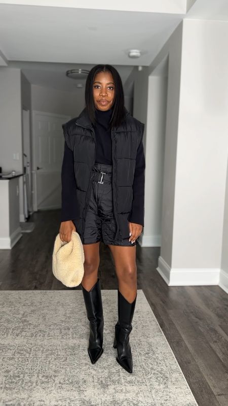Wore this outfit out to an event, the other day. Puffer jacket shorts, knee-high boots, turtleneck, sweater, Sherling bag.

#LTKVideo #LTKstyletip